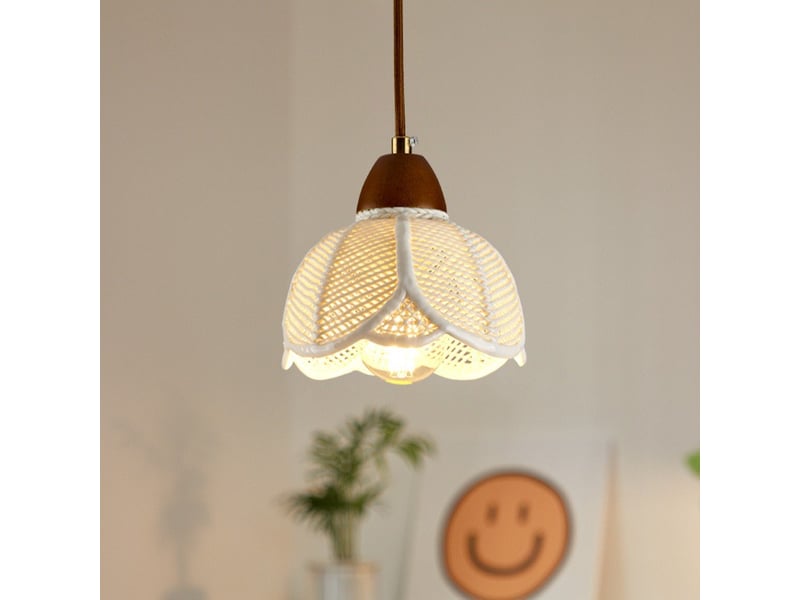  Suspension en métal blanc mat, bois naturel et céramique – 17x15.5cm  - Conforama C
