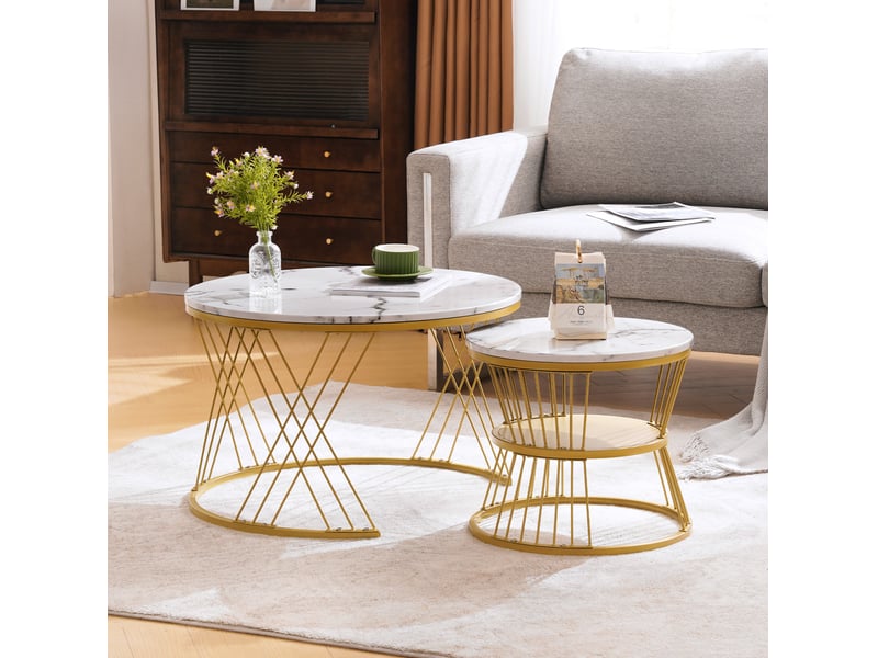  Lot de 2 tables basses gigognes rondes – mdf effet marbre brillant, blanc et doré – ø 70 et 45 cm  - Conforama C