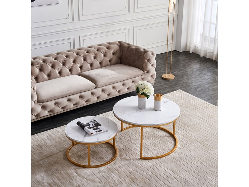  Table basse ronde – set de deux  – bois cadre doré – plateau effet marbre – 80+60 cm  - Conforama E