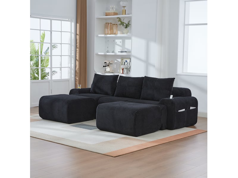  Canapé modulable 3 places 268x174x80 cm avec 2 poufs noir  - Conforama B