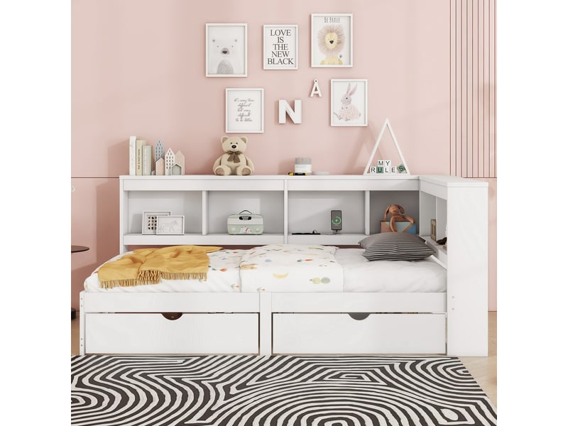  Lit banquette 90x200 cm daybed avec 2 tiroirs prise usb 2 ports sommier blanc sans matelas  - Conforama E