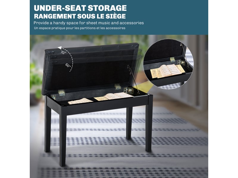  Banquette tabouret siège pour piano avec coffre de rangement pied bois caoutchouc assise capitonnée noir  - Conforama E