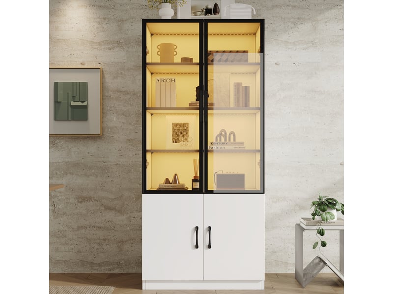 Vitrine 60x40x160 cm en verre fumé esg et panneau de particules, cadre aluminium, led multicolore via app, 2 portes fermées - blanc - Conforama B