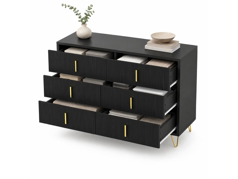  Chiffonnier 6 tiroirs 120x40x77 cm, finition noir+doré en panneaux de particules, commode au design design  - Conforama A