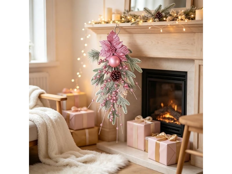  Couronne de noël rose 55cm avec boules décoratives – pour porte, fenêtre et cheminée  - Conforama C