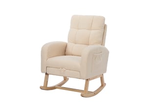 Fauteuil à bascule relax en tissu bouclé avec repose-pieds, fauteuil de salon à dossier haut, structure en bois massif et poche latérale - beige