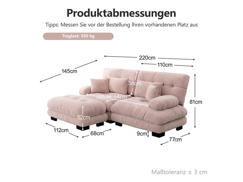  Canapé modulable d’angle 2 places avec ottomane en tissu rose  - Conforama C