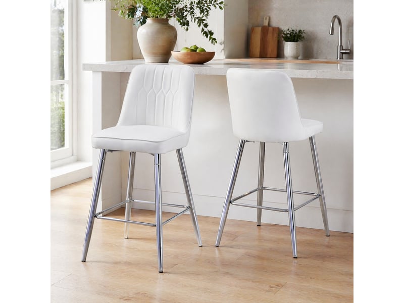  Tabouret de bar lot de 2 avec dossier ergonomique et repose-pieds, en métal et similicuir blanc argenté, 100 cm  - Conforama B