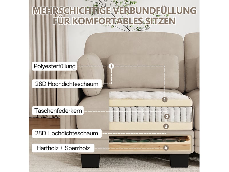 Canapé droit modulaire 4 places 330x88x88 cm, coussins lombaires, accoudoirs , design ergonomique, chenille café clair  - Conforama E