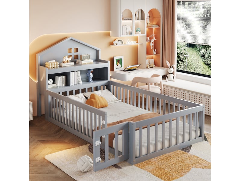 Lit enfant 90 x 200 cm en bois gris avec rangements, barrière, porte et sommier à lattes - Conforama B