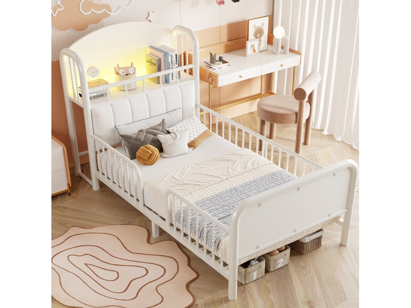  Lit enfant 90x200 cm en métal blanc, tête de lit rembourrée avec rangement et led multicolore, sans matelas  - Conforama E