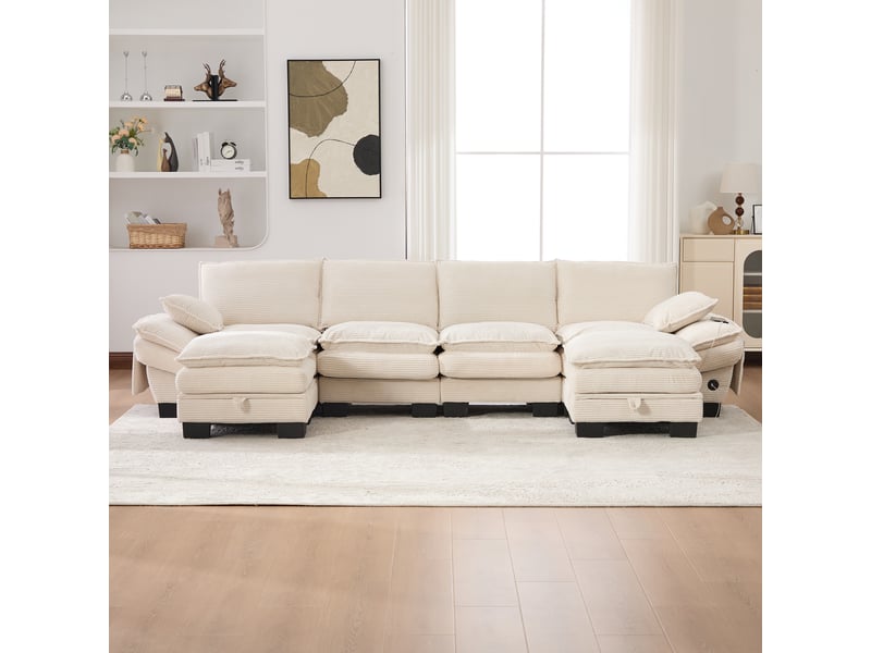  Canapé modulaire 4 places en velours côtelé - beige - 2 poufs inclus - port usb-c intégré 330x132x84cm - Conforama D