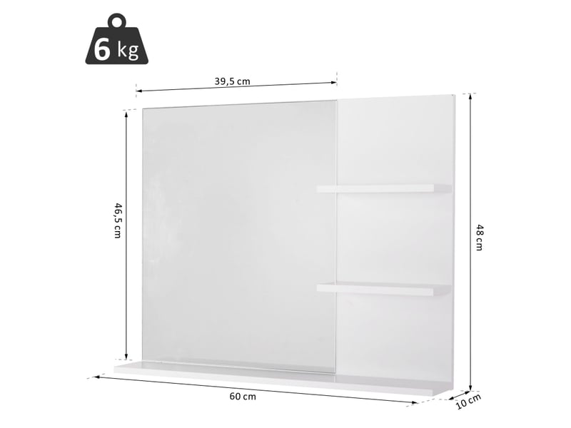  Miroir de salle de bain à 3 étagères, miroir mural avec rangement intégré, 60 x 10 x 48 cm, blanc  - Conforama C