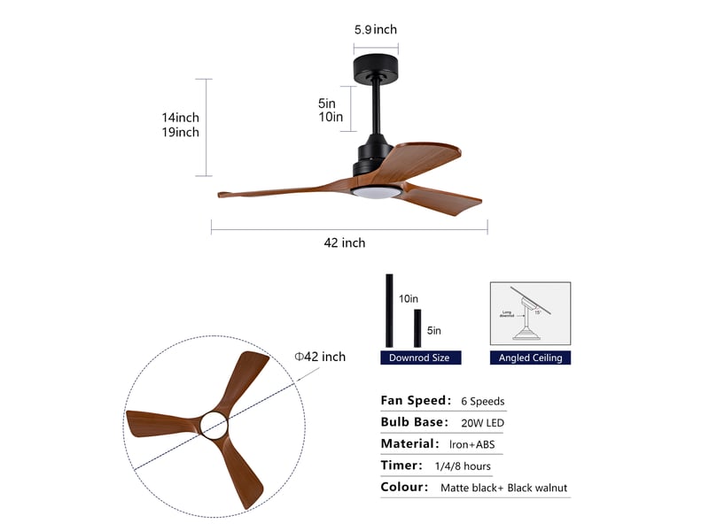 Ventilateur de plafond 107 cm éclairage led dimmable bois massif noir et noyer foncé réversible télécommande minuterie et mémoire - Conforama E