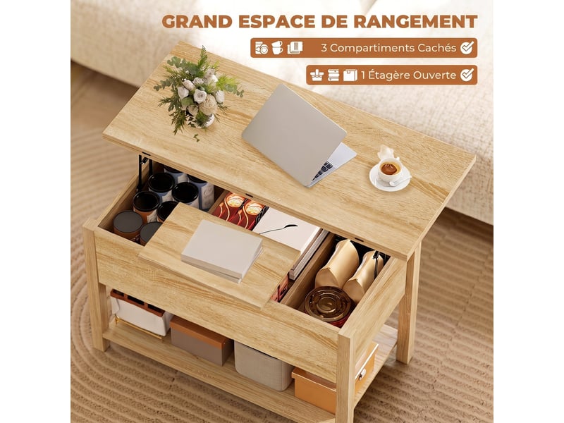  Table basse relevable et extensible table de salon avec compartiment caché étagère ouverte bois naturel 100x45x50,5cm  - Conforama E