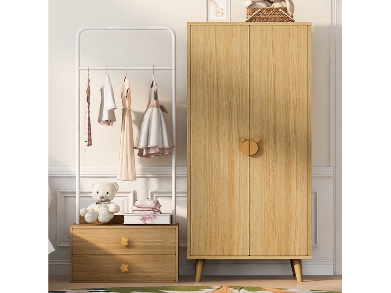  Armoire enfant 70x55x170 cm, 2 portes, penderie et rangement, poignées forme cartoon, mdf, bois naturel  - Conforama E