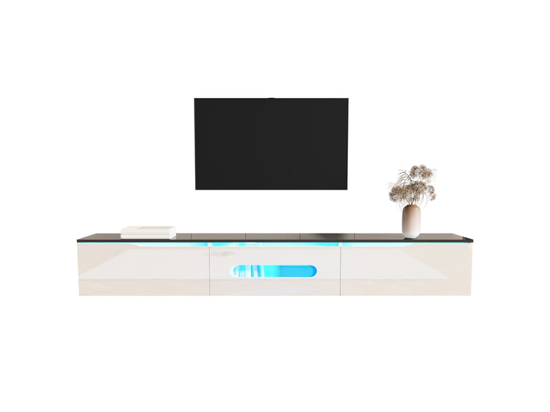 Meuble tv finition brillante et mate avec 3 portes, led et fixation murale ou pose au sol, pour salon, 180 × 35 × 30 cm - Conforama A