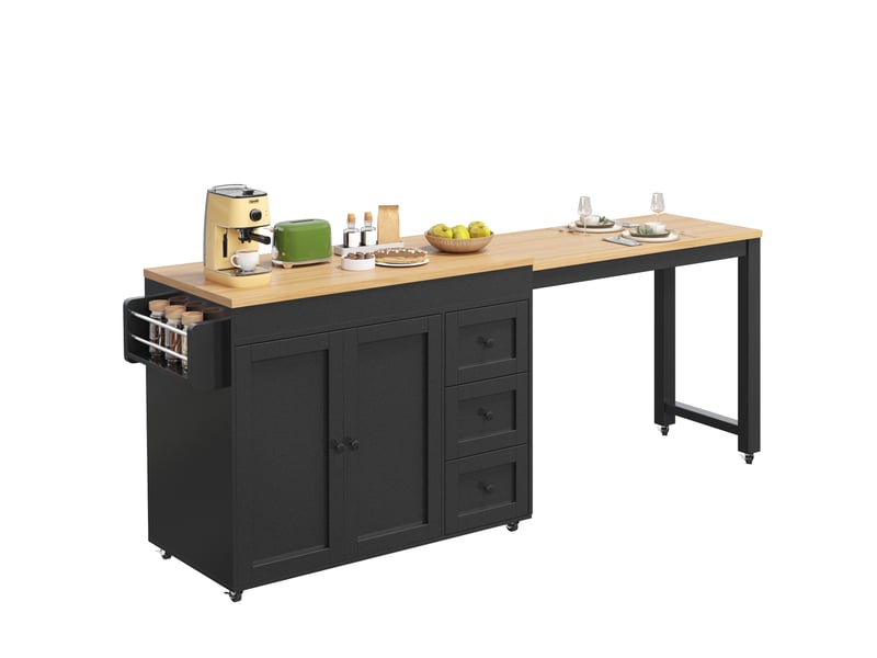 Île de cuisine modulable extensible 116–179,5 cm, planche extensible jusqu’à 69,5 cm, avec 3 tiroirs, étagères latérales et roulettes, blancnoir - Conforama A