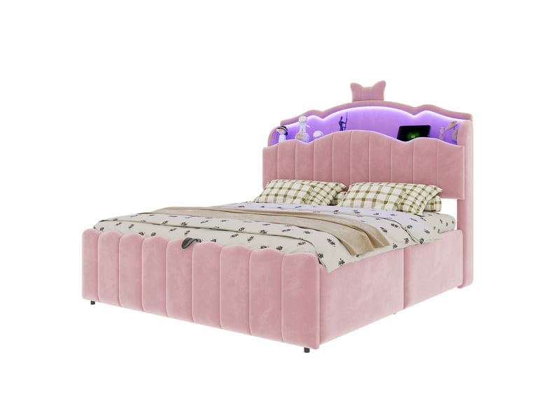  Lit pour enfant 140 x 200 cm, rangement hydraulique, éclairage led, ports usb et tête ouvrable, rose  - Conforama A