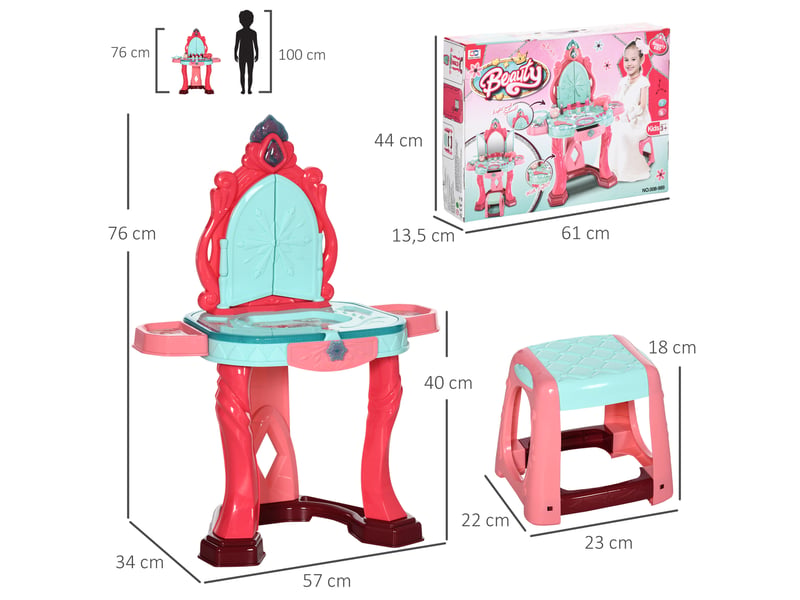  Coiffeuse enfant fille avec tabouret, miroir, lumière, musique, accessoires, 3-6 ans, 57x34x76cm, multicolore  - Conforama C