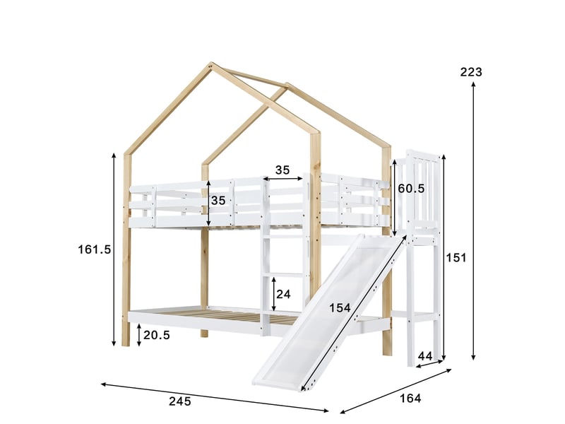 Lit superposé enfant 90x200 cm, lit cabane avec toboggan et échelle à 3 marches lit de jeu de sécurité, bois de pin massif mdf, blanc - Conforama E