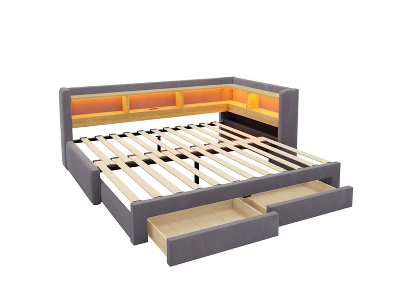  Lit gigogne,90x200cm/180x200 cm,3 en 1 avec tiroirs led prises,velours,gris  - Conforama A