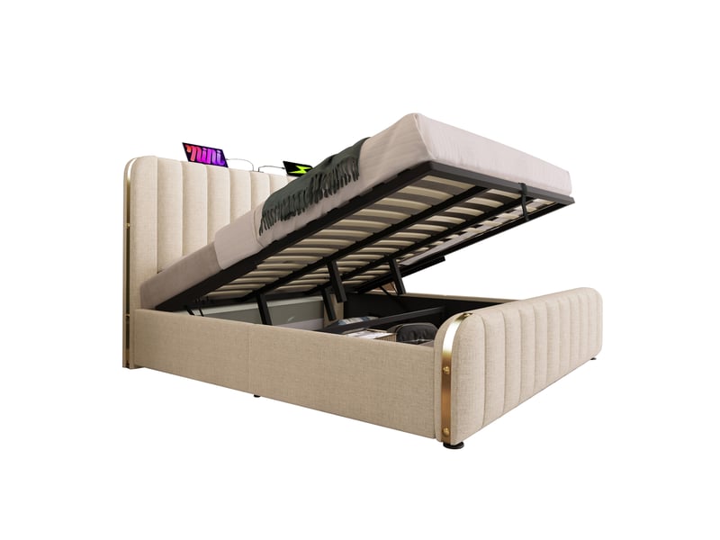  Rayofi abmb025051b - lit coffre capitonné 180x200 cm, lin beige, tête de lit rembourrée à rayures dorées, usb et type-c intégré, matelas inclus ABMB025051B - Conforama A