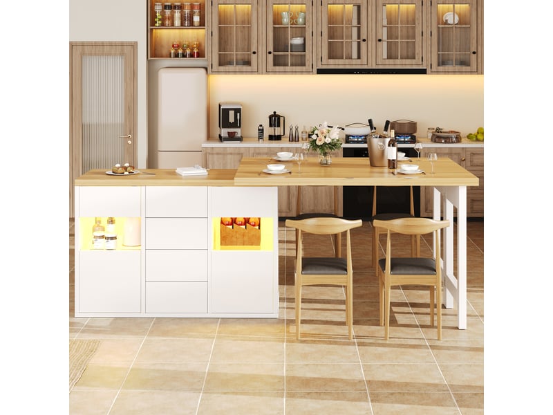  Îlot central de cuisine extensible 120-197x40x73,8 cm avec plateau pivotant 360°, led rgb, 4 tiroirs, portes vitrées et rangement - blanc  - Conforama C