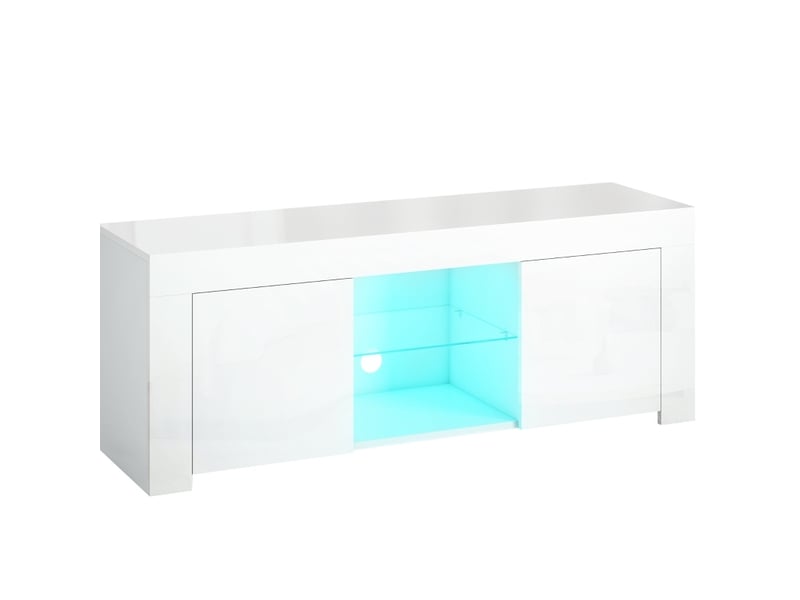  Meuble tv ulevr avec éclairage led rgb, 120 x 34 x 45 cm, 2 portes, étagère en verre, blanc brillant  - Conforama D
