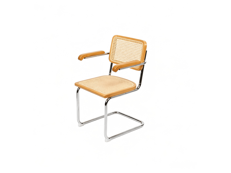  Lot de deux chaises de salle à manger, chaises en bois avec dossier en rotin et pieds chromés, style « brewer » du milieu du siècle, marron  - Conforama R