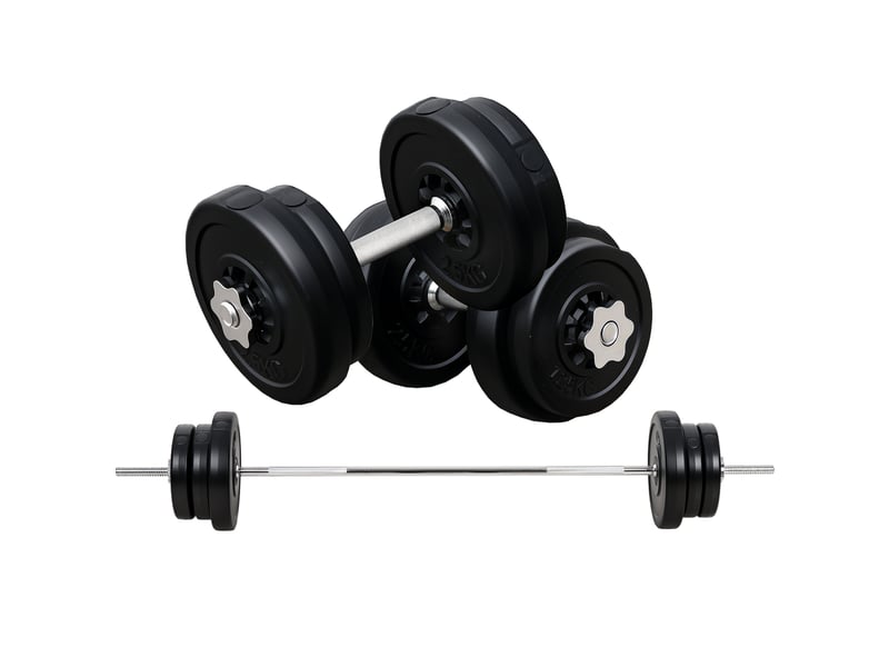  Kit musculation 55 kg, haltères + barre, poids ajustables 2 en 1, disques, barre 170 cm, domicilesalle, noir.  - Conforama A