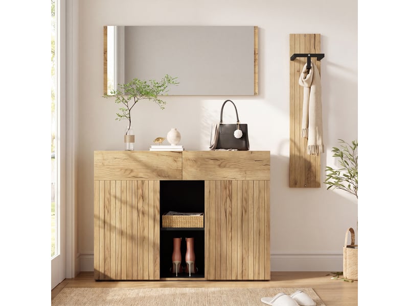  Ensemble vestiaire d'entrée 125x35x178cm - avec miroir et meuble à chaussures - avec cintre - naturel + noir  - Conforama B