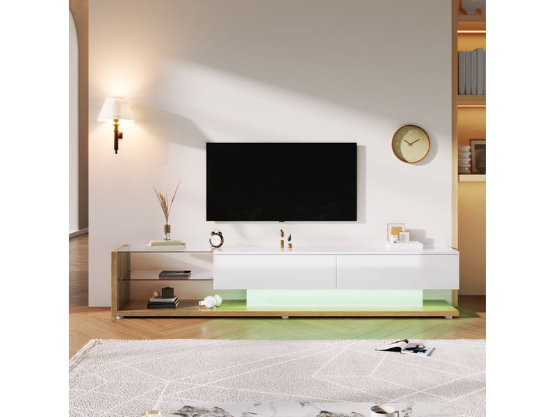  Meuble tv modenvie blanc brillant décor bois 170 x 36 x 38 cm avec led et 2 tiroirs  - Conforama B