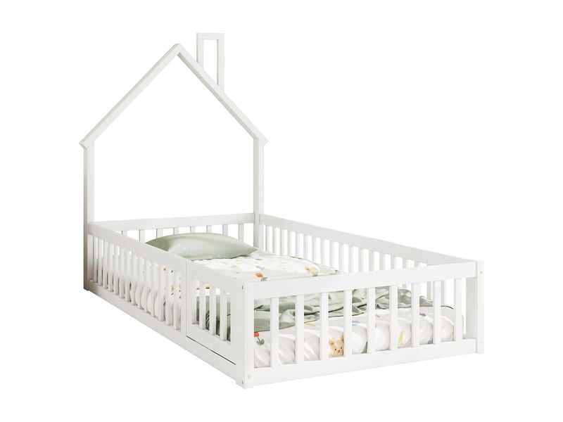 Lit cabane enfant 90x200, lit avec forme de cheminée, style minimaliste blanc, avec sommier à lattes, en bois de pin - Conforama W