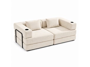 Canapé modulable 2 places en velours côtelé blanc crème, convertible en lit, avec porte‑gobelets et poches de rangement, rembourrage haute densité, sans montage