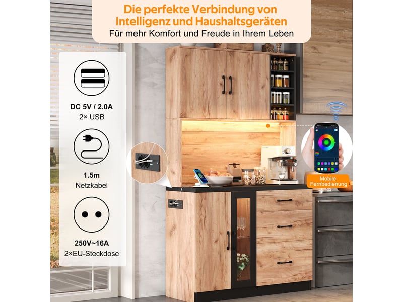  Buffet haut 105x40x180 cm avec éclairage led réglable, buffet de cuisine en couleur bois naturel, buffet salon avec prise électrique  - Conforama D