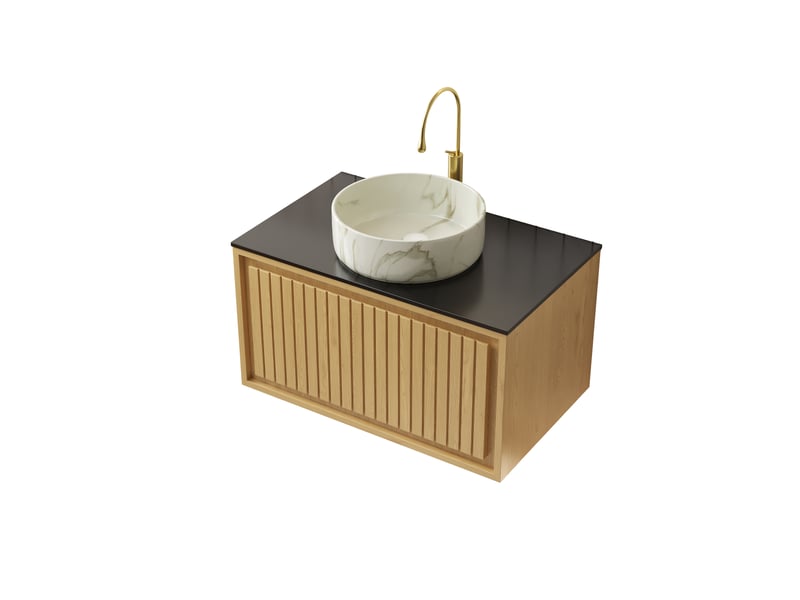 Meuble vasque suspendu avec grand tiroir à fermeture douce - lpospi - céramique, pierre frittée, chêne doré, noir, blanc pierre - Conforama A