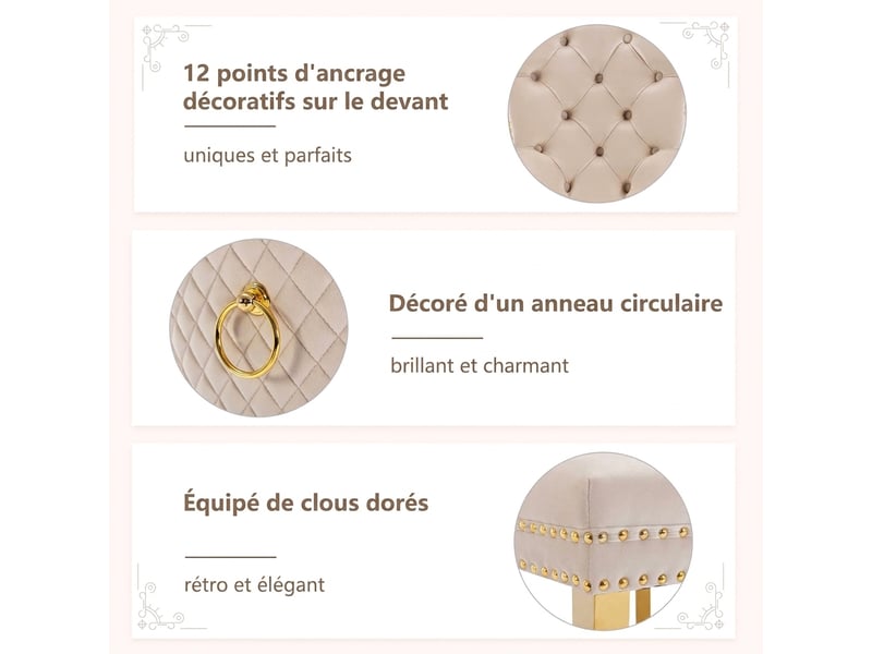 Lot de 4 chaises de salle à manger en velours beige avec pieds en acier inoxydable doré et anneau au dos - Conforama W