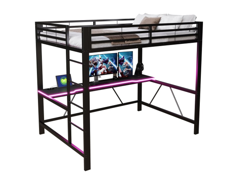 Lit mezzanine métallique gaming 140x200 cm - éclairage led, ports usb, bureau intégré - noir - Conforama A