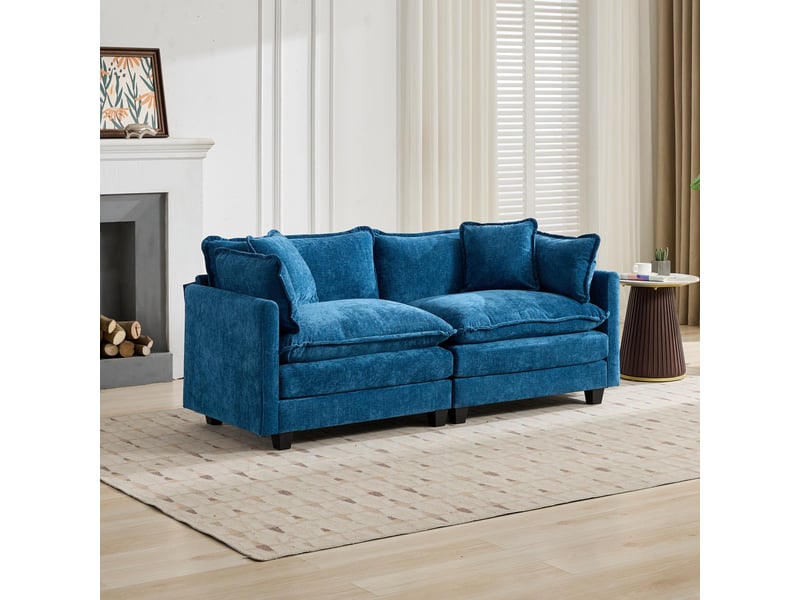  Canapé 2 places en tissu chenille bleu, assise rembourrée double couche et coussin de dossier pour salon ,pouf non inclus  - Conforama B