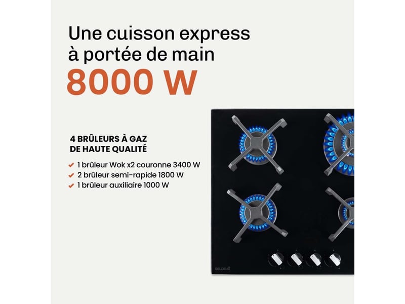 Beldeko - plaque de cuisson gaz verre noir 4 feux - gaz ville et bouteille - grilles en fonte - 8000 watts - Conforama E