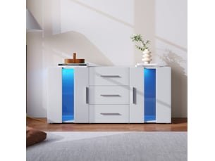 Meuble tv bas 140x35x70 cm – blanc – led intégré, 3 tiroirs et rangements modulables pour salon moderne
