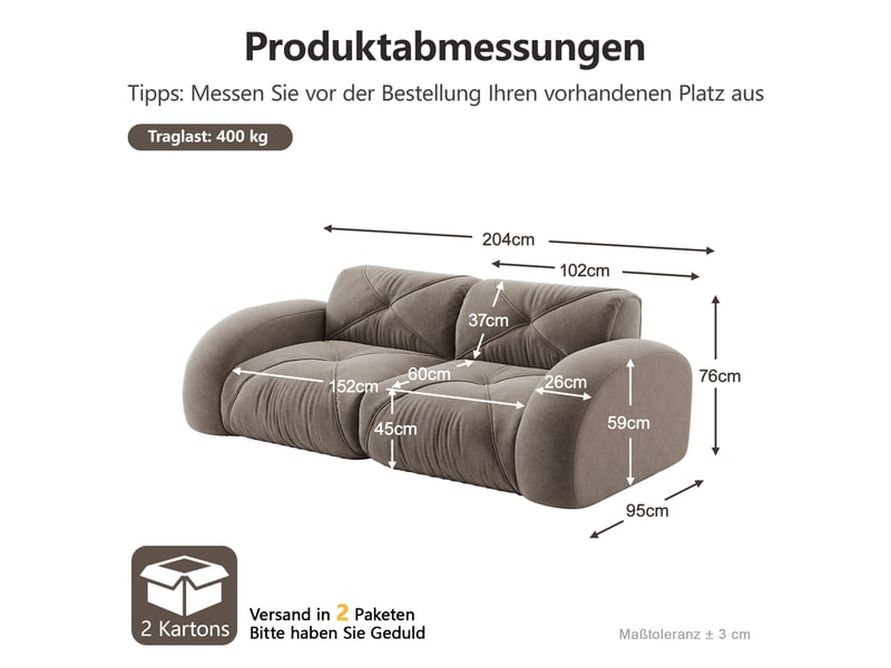 Canapé modulable 2 places 204 cm canapé sans armature en tissu chenille avec mousse haute densité 32d, design antidérapant, sans montage, brun clair Seren Glow - Conforama C