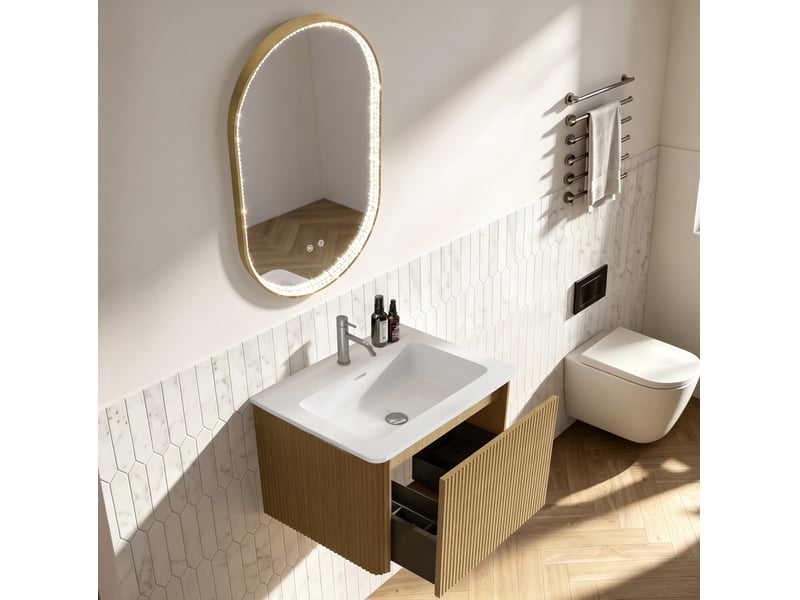  Ensemble meuble de salle de bain suspendu 61 cm – chêne clair – vasque intégrée et miroir led antibuée  - Conforama B
