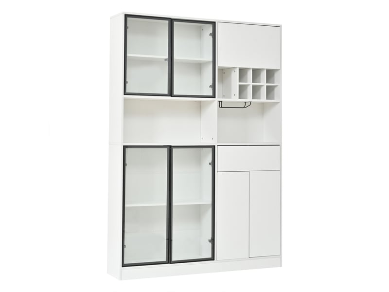  Vitrine 140 x 30 x 200 cm avec led, 7 portes, 1 tiroir, 6 casiers à vin et porte-verres suspendu, grand meuble multifonction pour salon, blanc, pour aménagement intérieur moderne OPULERANE TRADING LTD - Conforama A