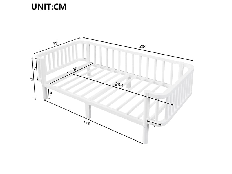  Lit simple 90 × 200 cm en acier avec sommier robuste à lattes, convertible en canapé blanc 209 × 98 × 57 cm  - Conforama C