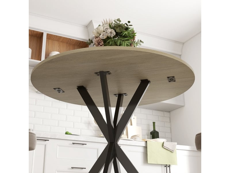  Table de salle à manger pour 2 personnes avec plateau rond et pieds en acier en x, style industriel, en bois, chêne  - Conforama E