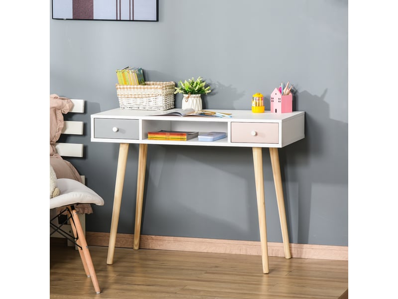  Bureau enfant style scandinave avec tiroir et compartiment de rangement 100l x 48l x 76,5h cm mdf et pin blanc gris et rose  - Conforama C
