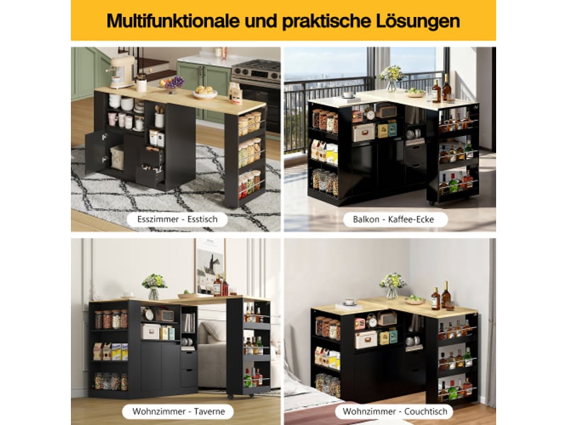  Îlot de cuisine extensible 115 cm noir, plan pivotant, rangement étagères 3 côtés et 2 tiroirs, table en bois, bar à café maison  - Conforama E