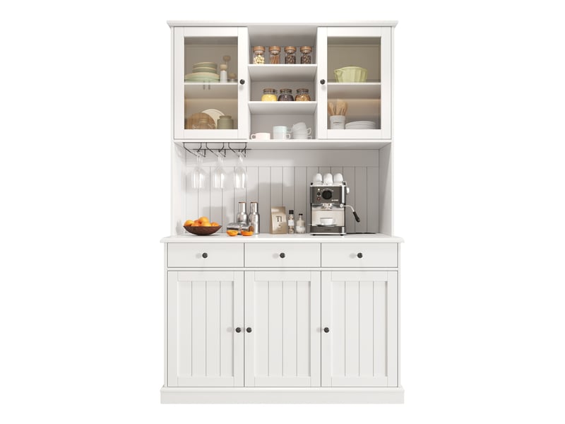  Buffet cuisine 5 portes dont 2 vitrées et 3 tiroir, 120 x 40 x 191 cm, porte-verres, prises, usb-a et usb-c, panneaux de particules, blanc Morn Vibe - Conforama A